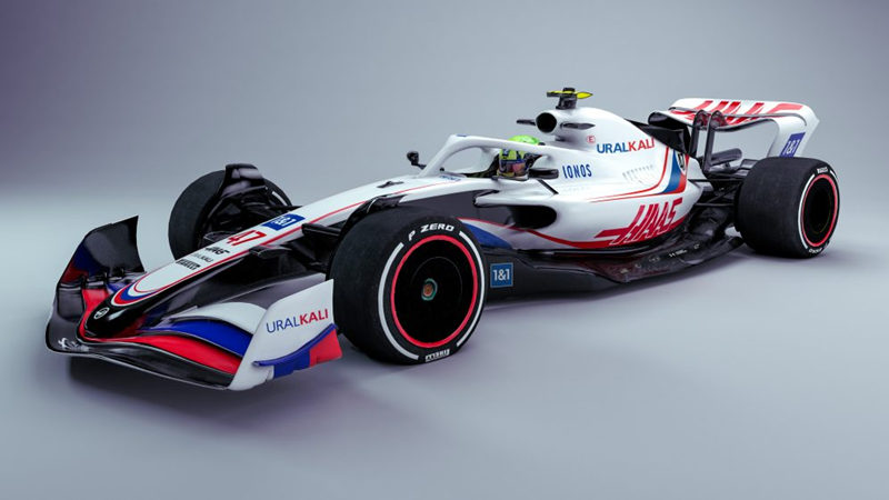 哈斯车队的2022赛季新款赛车设计图。